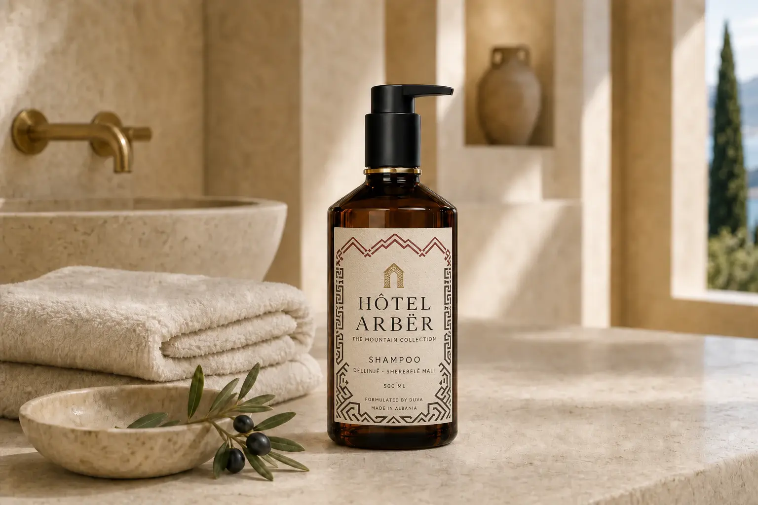 Shishe qelibar me etiketën e personalizuar HÔTEL ARBËR